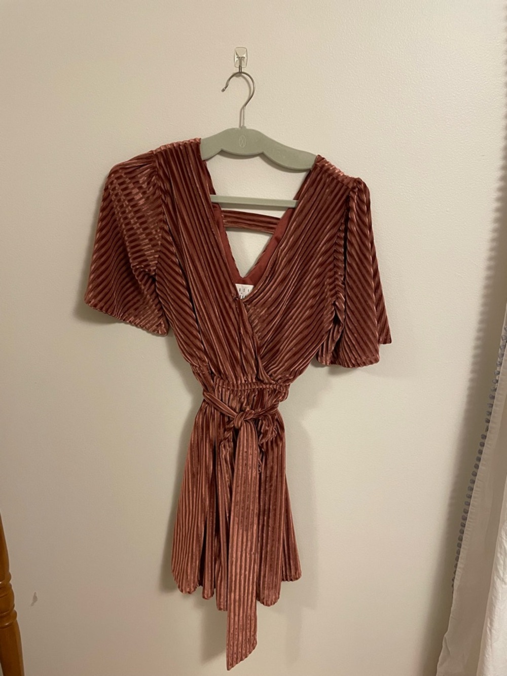 Lost + Wander Rust Pleated Velvet Wrap Mini Dress